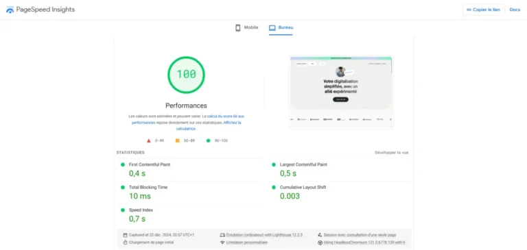 Capture d'écran d'un test de performance du site lucaspierrot.fr. L'image montre fièrement un score de 100/100 sur Ordinateur de Bureau. L'optimisation mobile est de 98/100 au moment du test.