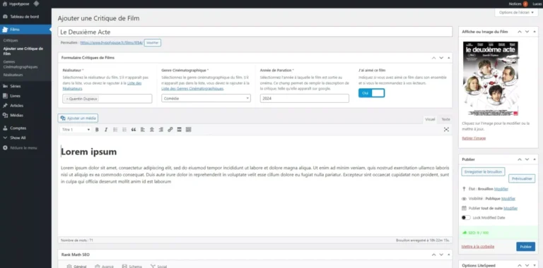 Illustration de prestations complémentaires. Une capture d'écran d'un formulaire customisé sur WordPress avec Secure Custom Field. Les différents champs personnalisés permettent de créer facilement une critique de cinéma, en guidant l'utilisateur avec des instructions et une mise en page optimisée.