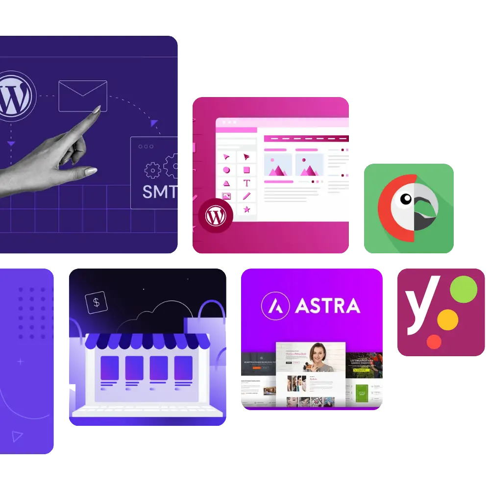 Image d'illustration des tutoriels orienté vers la droite de plugins et fonctionnalités WordPress. On y voit des boites de formes carrés contenant les images des plugins et fonctionnalités