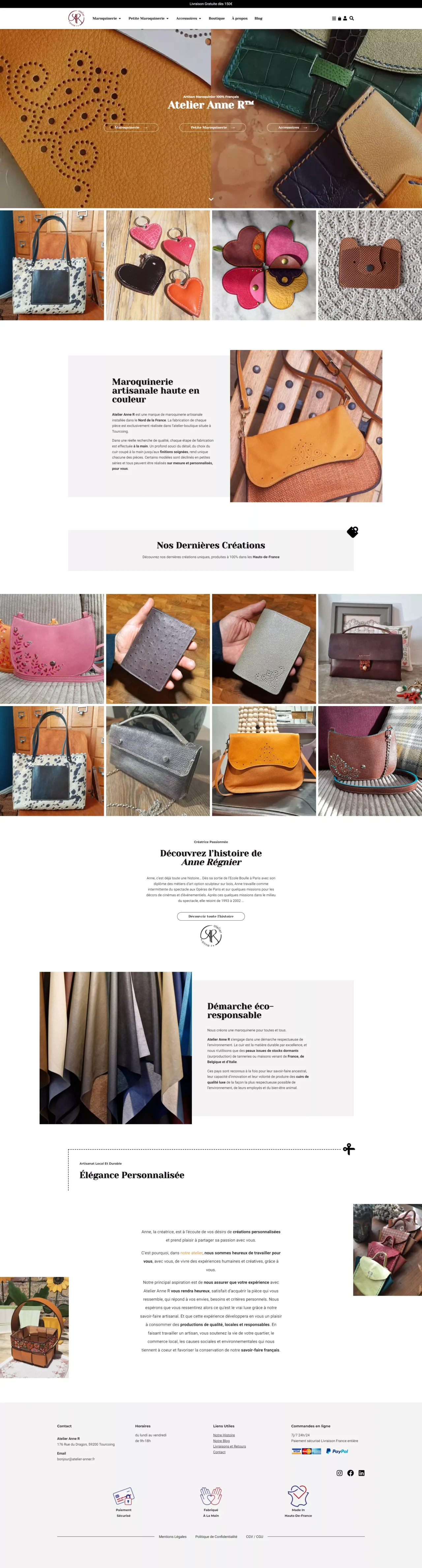 Capture d'écran de la page d'accueil entière du site atelier-anner.fr. C'est un site de maroquinerie qui montre des produits à vendre, et des photos d'articles.