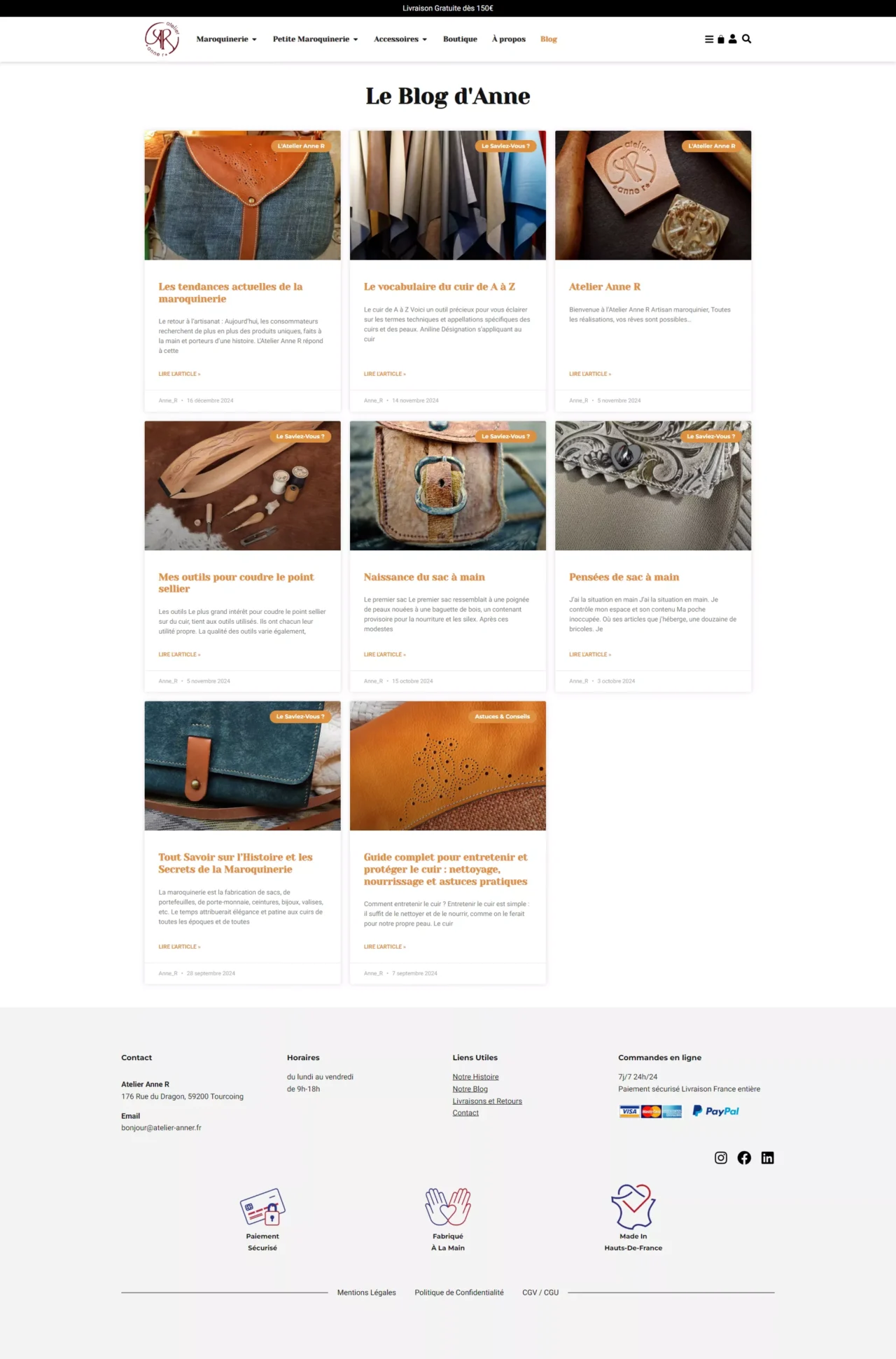 Capture d'écran de la page de blog du site atelier-anner.fr, un site web ecommerce développé par Lucas PIERROT pour sa cliente Anne R. Le blog montre des articles sur le sujet de la maroquinerie. On y voit un header et un footer.