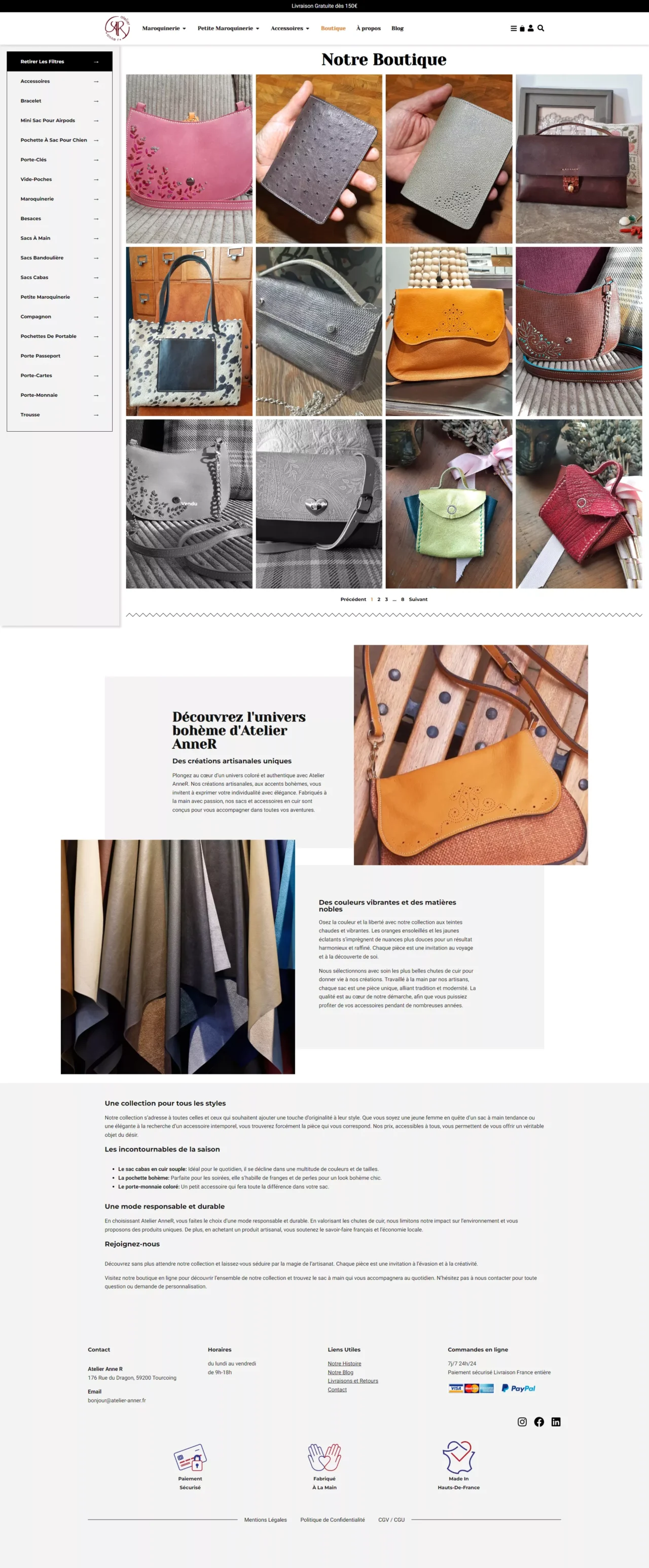 Capture d'écran de la page boutique du site atelier-anner.fr, un site web développé par Lucas Pierrot pour sa cliente Anne R. On y voit de nombreux articles de maroquinerie à vendre et des photos d'illustrations accompagné de texte.