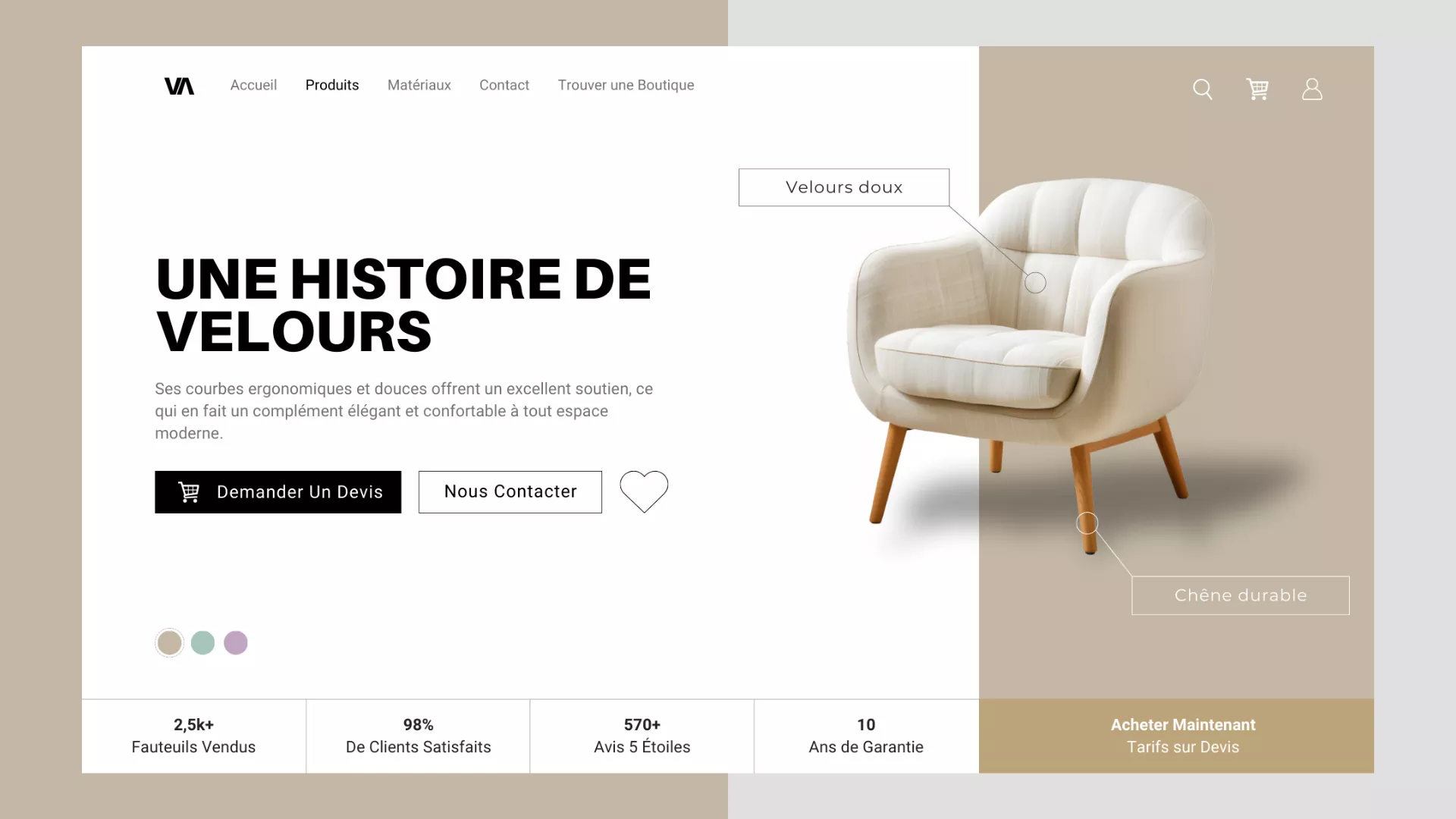 Page d'accueil d'une boutique concept fictive spécialisée dans les fauteuils design. L'image met en avant un fauteuil en velours beige avec des pieds en bois de chêne durable. À gauche, une section textuelle affiche le titre 'UNE HISTOIRE DE VELOURS', accompagné d'une description vantant le confort et l'élégance du produit. Deux boutons d'appel à l'action 'Demander un devis' et 'Nous contacter' sont visibles. Des statistiques commerciales sont affichées en bas de la page, incluant le nombre de fauteuils vendus et les avis clients.