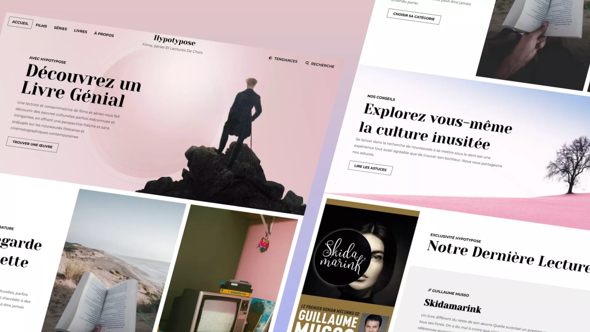Illustration de réalisations. Captures d'écran du site Hypotypose, un projet web élégant présentant des recommandations de films, séries et livres avec une interface moderne et épurée, incluant des sections de conseils culturels et une mise en avant de lectures récentes.