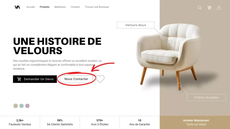 Page d'accueil d'une boutique concept fictive mettant en avant un fauteuil design en velours doux avec des pieds en bois de chêne durable. Au centre, le texte 'UNE HISTOIRE DE VELOURS' décrit les qualités ergonomiques du produit. Deux boutons d'appel à l'action sont visibles : 'Demander Un Devis' et 'Nous Contacter'. Le bouton 'Nous Contacter', encadré en rouge, est mis en évidence pour illustrer un lien mailto personnalisé permettant de contacter directement la boutique via un client de messagerie.