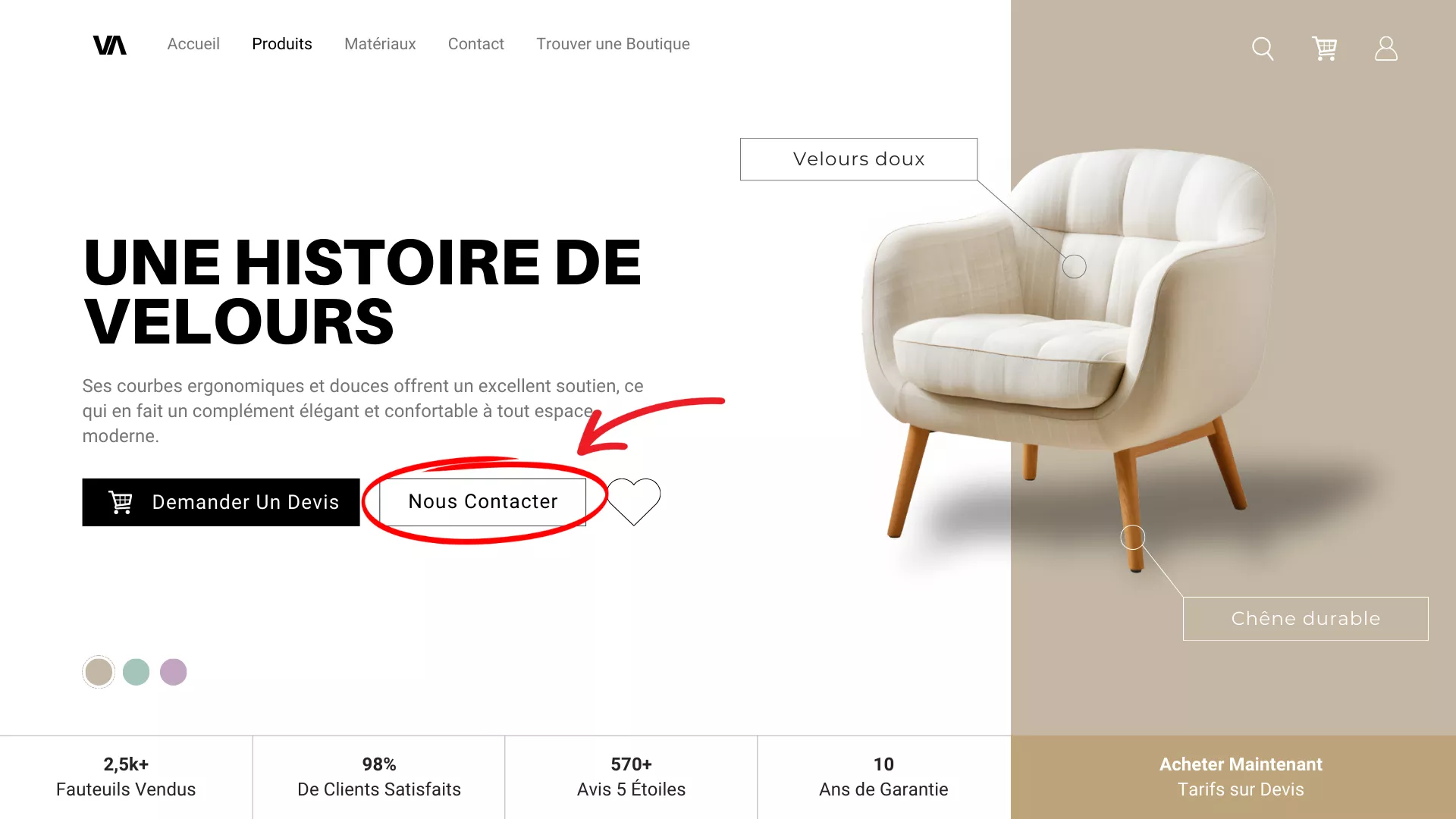 Page d'accueil d'une boutique concept fictive mettant en avant un fauteuil design en velours doux avec des pieds en bois de chêne durable. Au centre, le texte 'UNE HISTOIRE DE VELOURS' décrit les qualités ergonomiques du produit. Deux boutons d'appel à l'action sont visibles : 'Demander Un Devis' et 'Nous Contacter'. Le bouton 'Nous Contacter', encadré en rouge, est mis en évidence pour illustrer un lien mailto personnalisé permettant de contacter directement la boutique via un client de messagerie.