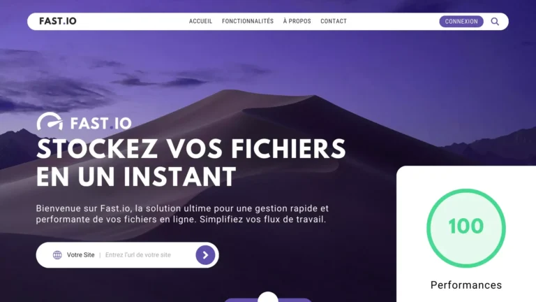 Capture d'écran d'un concept de site web de gestion de fichiers en ligne accompagné d'un label de performance noté 100