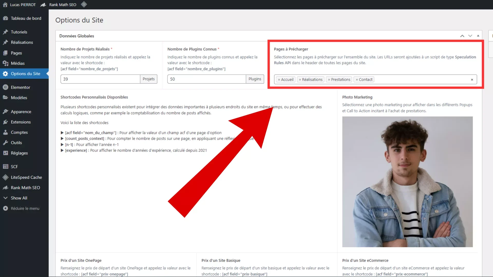 Capture d'écran présentant un champ personnalisé configuré avec l'API Speculation Rules sur WordPress via le plugin ACF ou SCF (Secure Custom Fields)