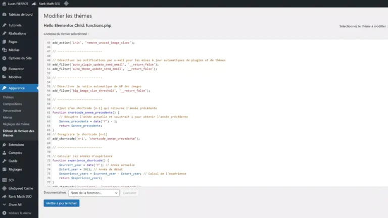 capture d'écran de l'éditeur des fichiers du thème de wordpress, idéal pour y intégrer des snippets php essentiels.