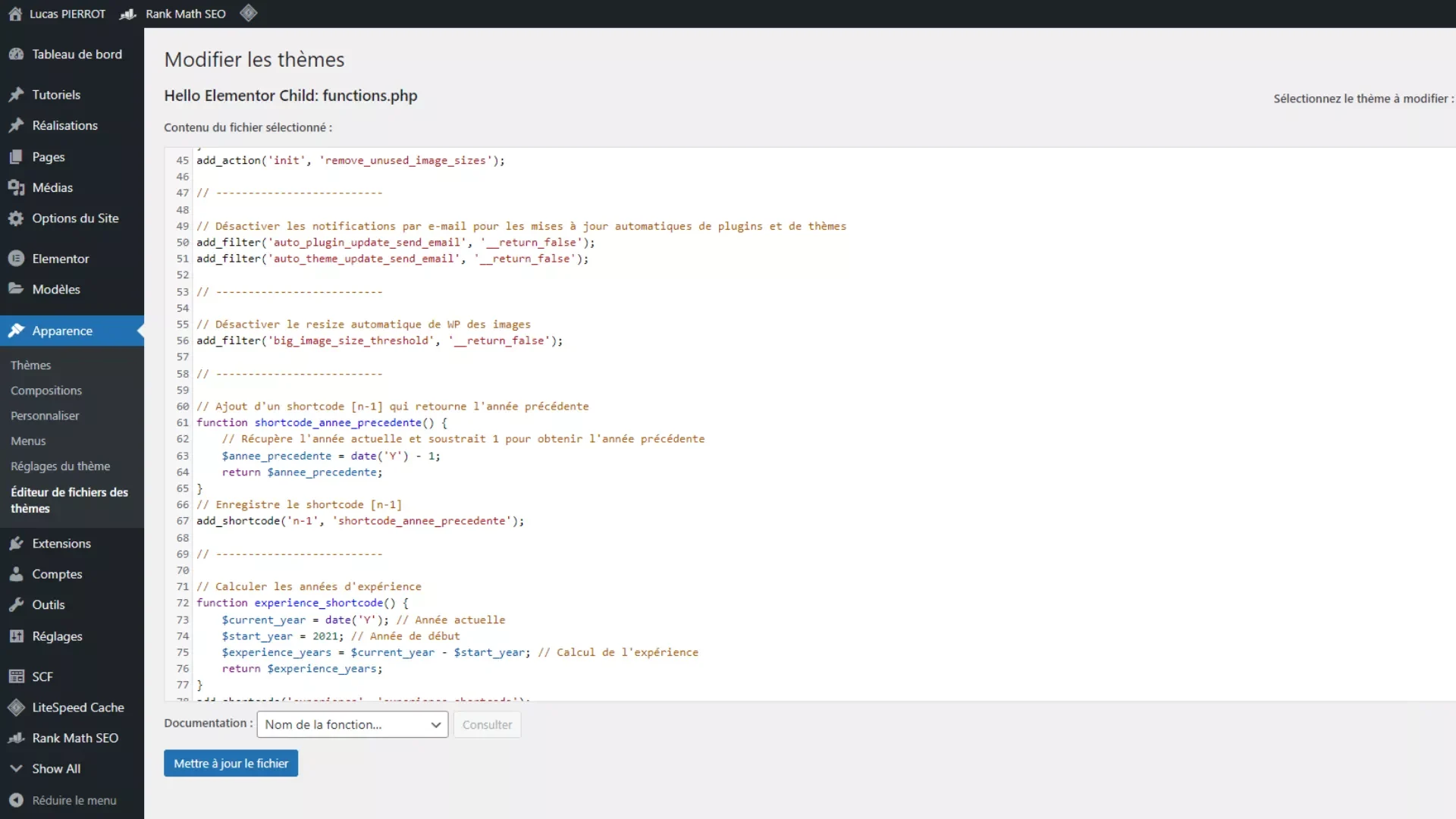 capture d'écran de l'éditeur des fichiers du thème de wordpress, idéal pour y intégrer des snippets php essentiels.