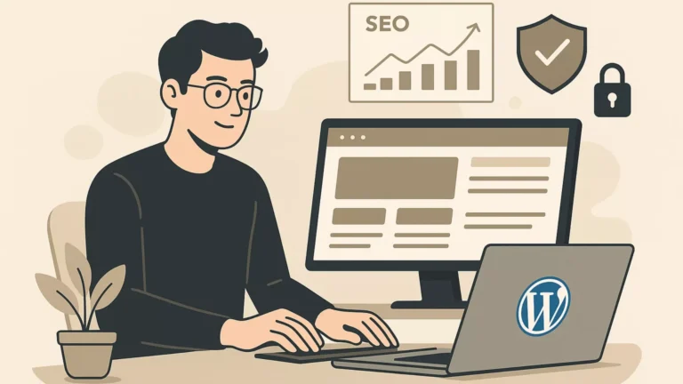 Illustration générée par intelligence artificielle montrant un personnage assis devant un ordinateur portable avec un logo wordpress collé à l'arrière. L'image illustre un usager de WordPress à la recherche d'un Freelance Wordpress