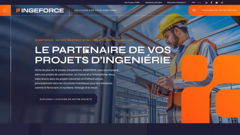 capture d'écran du hero sur la page d'accueil du site ingeforce, on lit : "Le partenaire de vos projets d'ingeniérie"