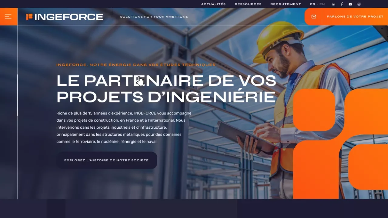 capture d'écran du hero sur la page d'accueil du site ingeforce, on lit : "Le partenaire de vos projets d'ingeniérie"