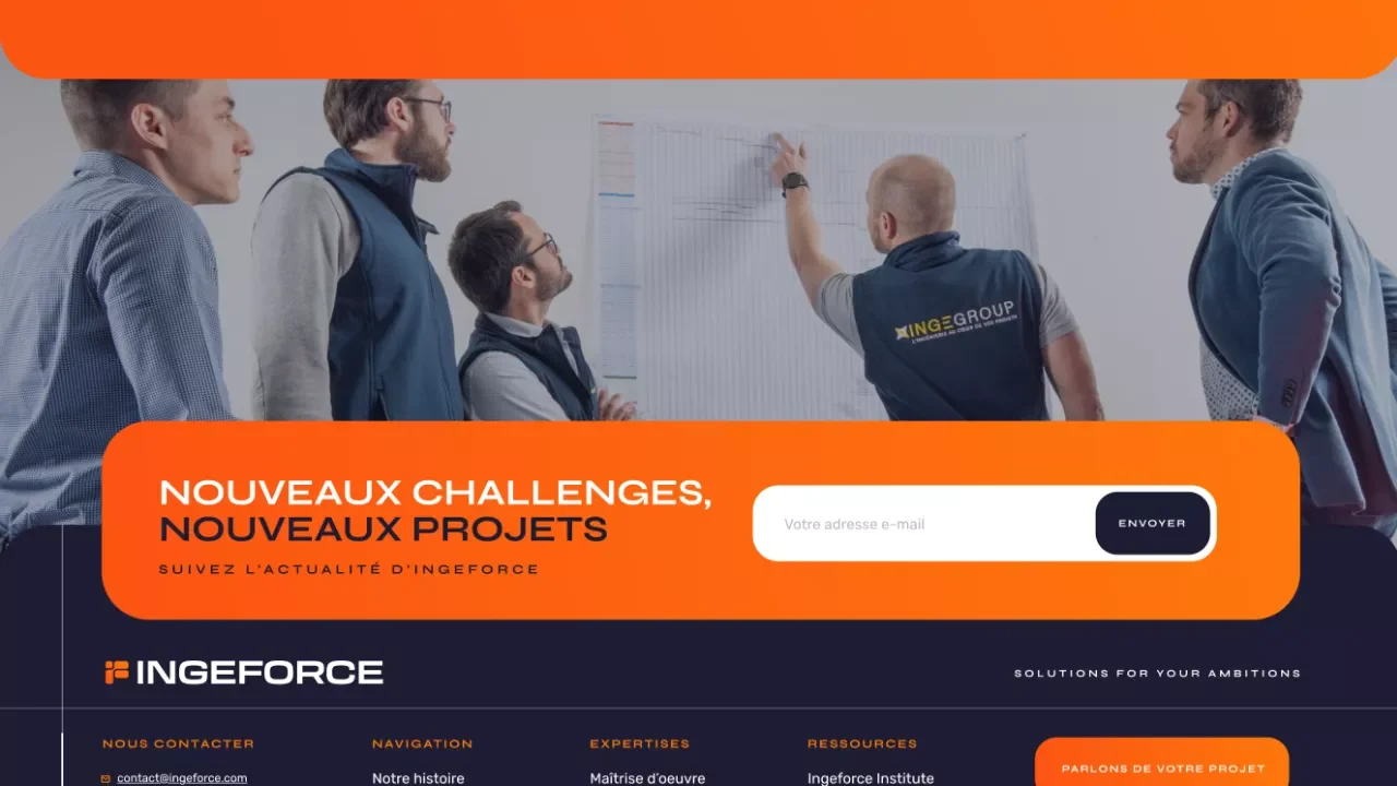 Capture d'écran du footer du site ingeforce.com, on y voit un formulaire d'inscription à la newsletter et une image d'illustration