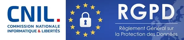 Le logo de la CNIL suivi d'un bloc illustrant le RGPD avec un cadena entouré des étoiles jaunes du drapeau européen